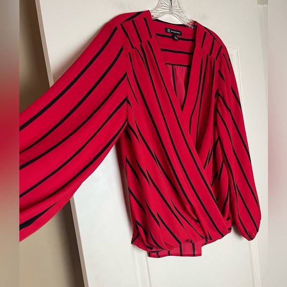 INC Designer Red & Black Striped Wrap Blouse Women’s Size Large - Picture 9 of 16
